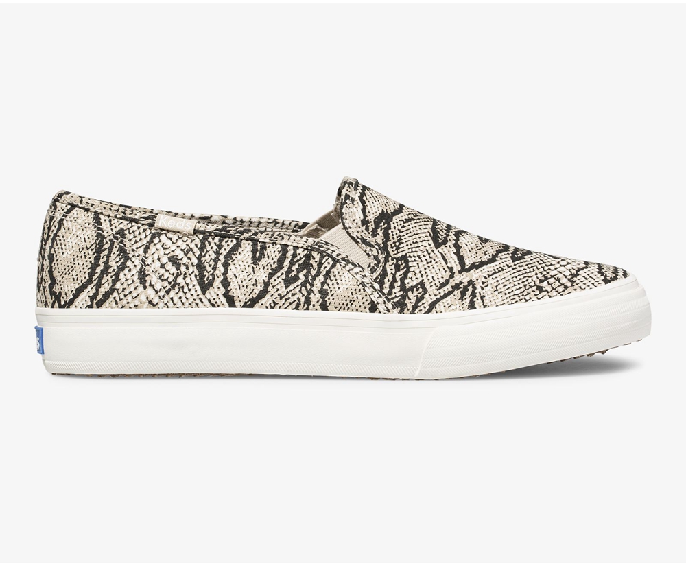 Slip Ons Keds Femme Blanche/Noir - Double Decker Animal - 367-KCSVPJ